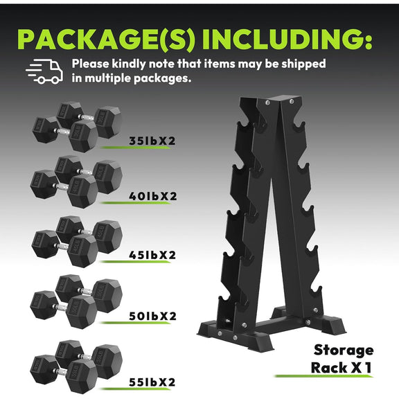 HANDBODE Rubber Coated Hex Dumbbell Set with A-Frame Rack,450 lb | Hex