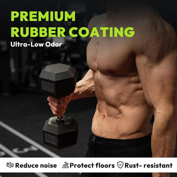 HANDBODE Rubber Coated Hex Dumbbell Set with A-Frame Rack, 350 lb | He