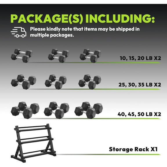 HANDBODE Rubber Coated Hex Dumbbell Set with Rack, 540 lb | Fixed Weig