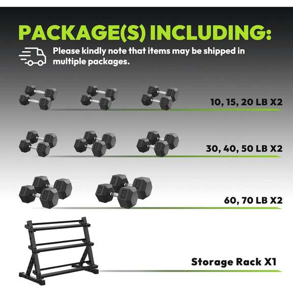 HANDBODE Rubber Coated Hex Dumbbell Set with Rack, 590 lb | Fixed Weig