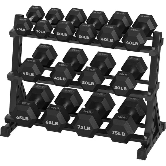 HANDBODE Rubber Coated Hex Dumbbell Set with Rack, 650 lb Fixed Weight