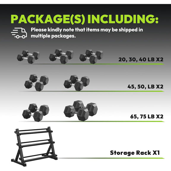 HANDBODE Rubber Coated Hex Dumbbell Set with Rack, 650 lb Fixed Weight