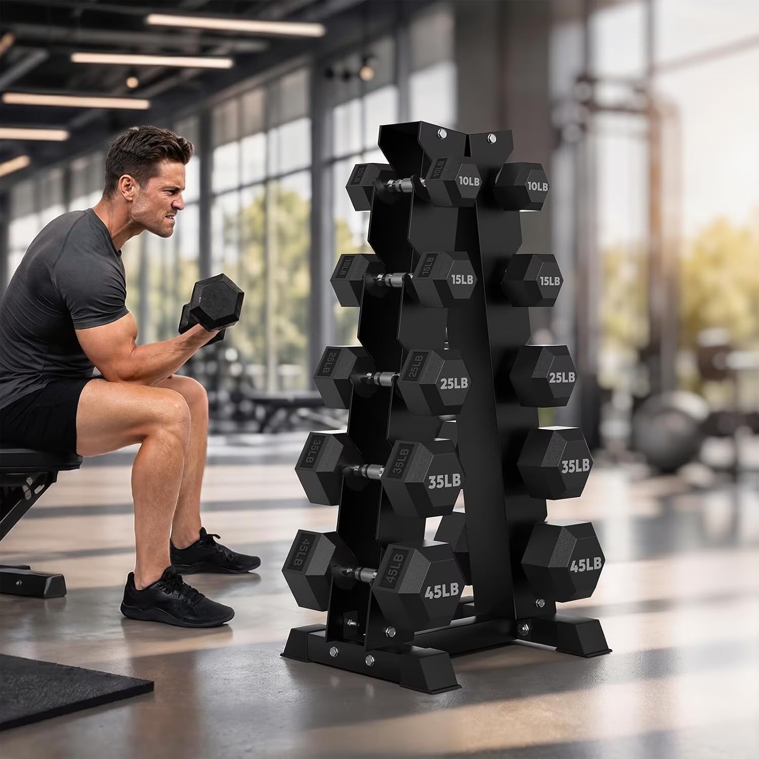 HANDBODE 260 lb Rubber-Encased Hex Dumbbell Weight Set with A-Frame Ra