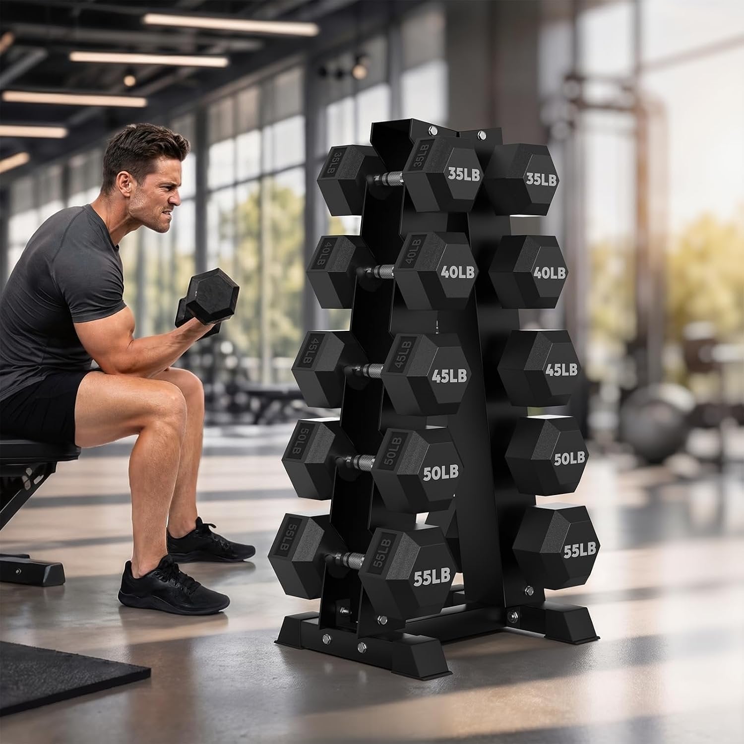HANDBODE Rubber Coated Hex Dumbbell Set with A-Frame Rack,450 lb | Hex